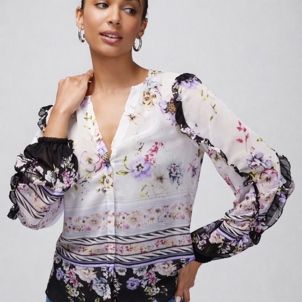 White House Black Market Sheer Floral Border Boho Blouse M Ruffle‎ Sleeve